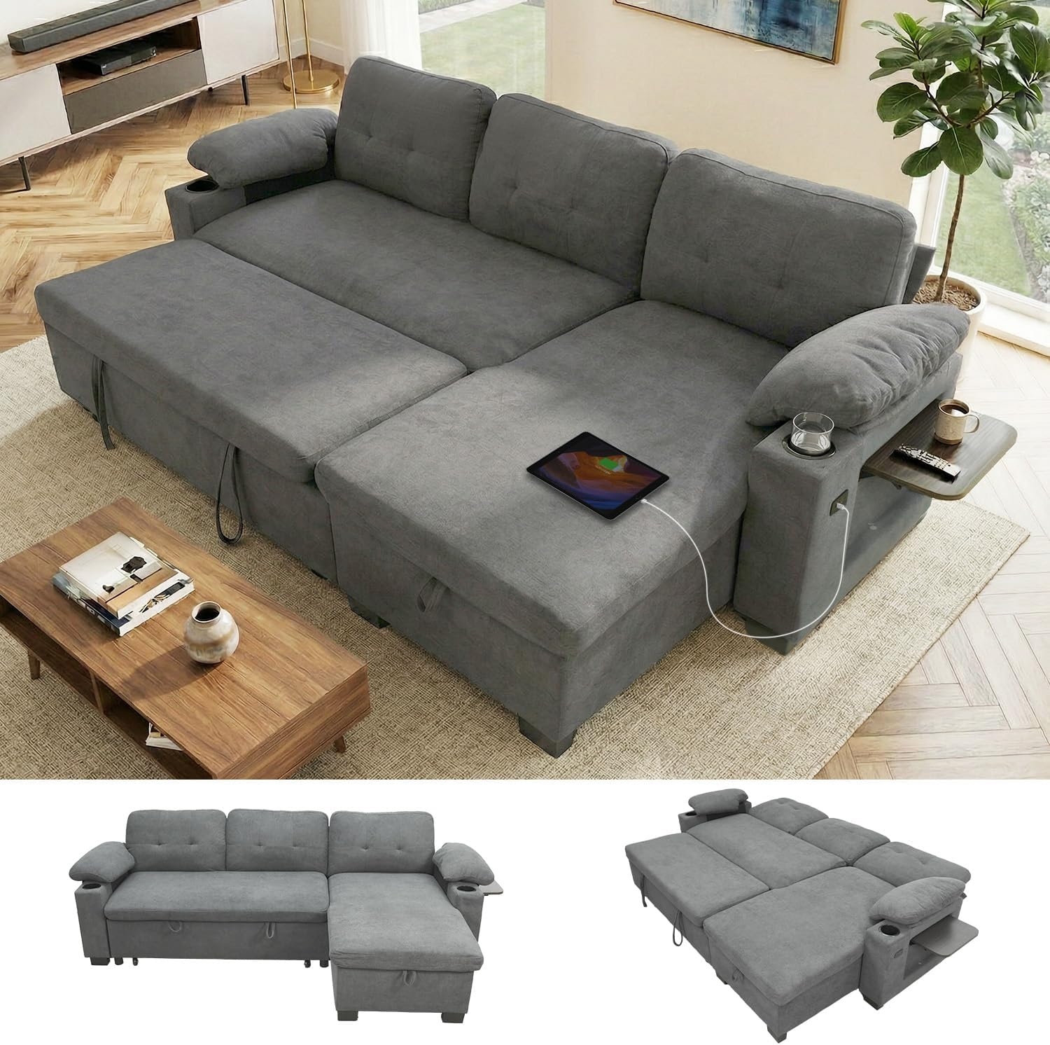 93" L-Shaped Sleeper Sofa Bed with Storage Chaise and Reclining Backrest