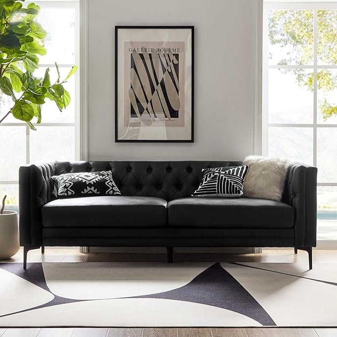HULALA HOME 84" Faux Leather Sofa with Metal Legs, Button-Tufted 3-Seat