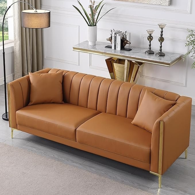 FOTOSOK 78" Modern Faux Leather Sofa with Gold Metal Legs