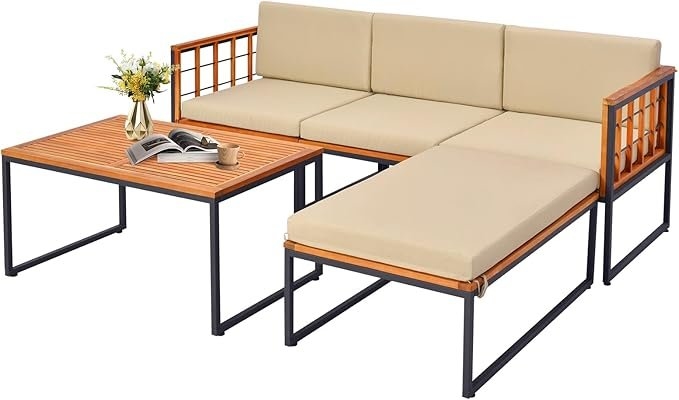Tangkula 5-Piece Acacia Wood Patio Sectional Set