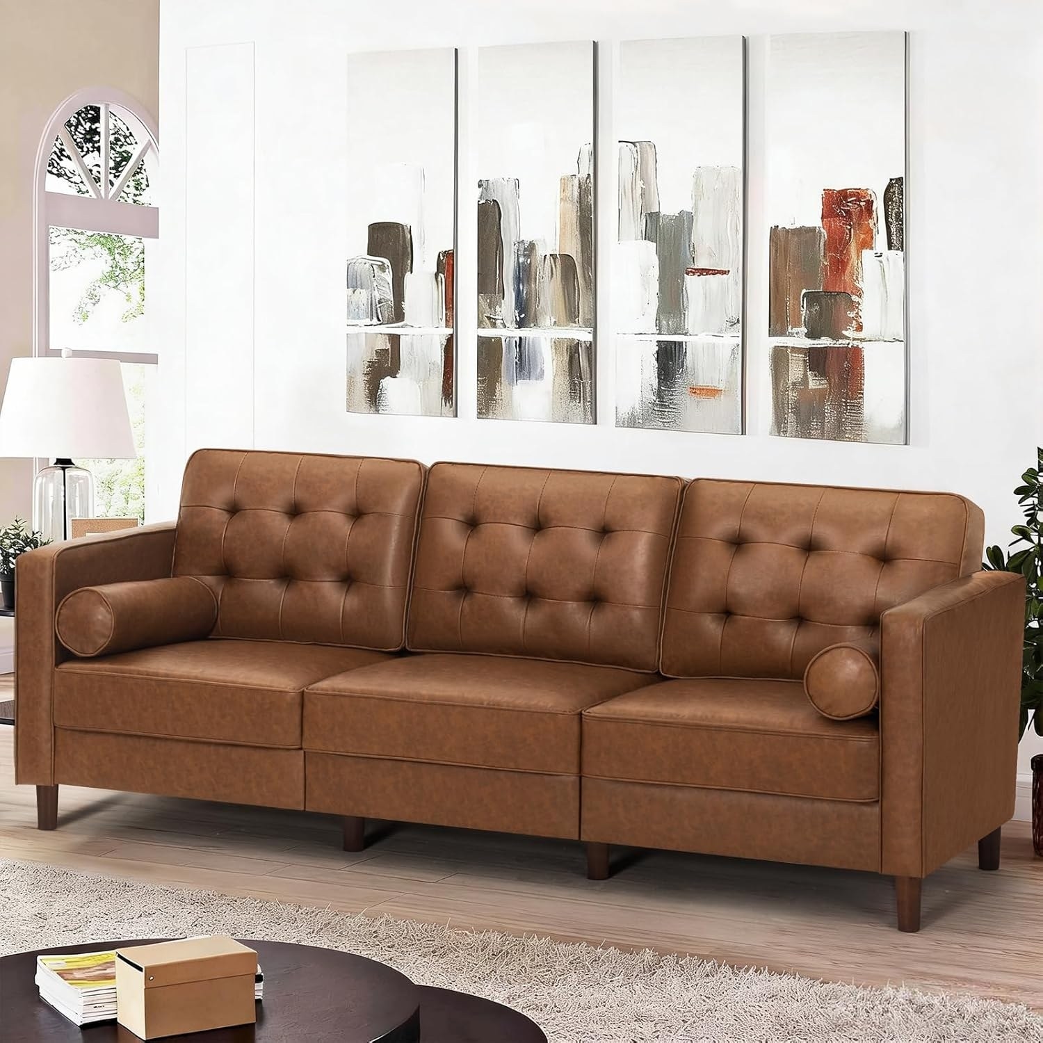 ACMEASE 84" Mid-Century Faux Leather 3-Seat Sofa with Tufted Backrest