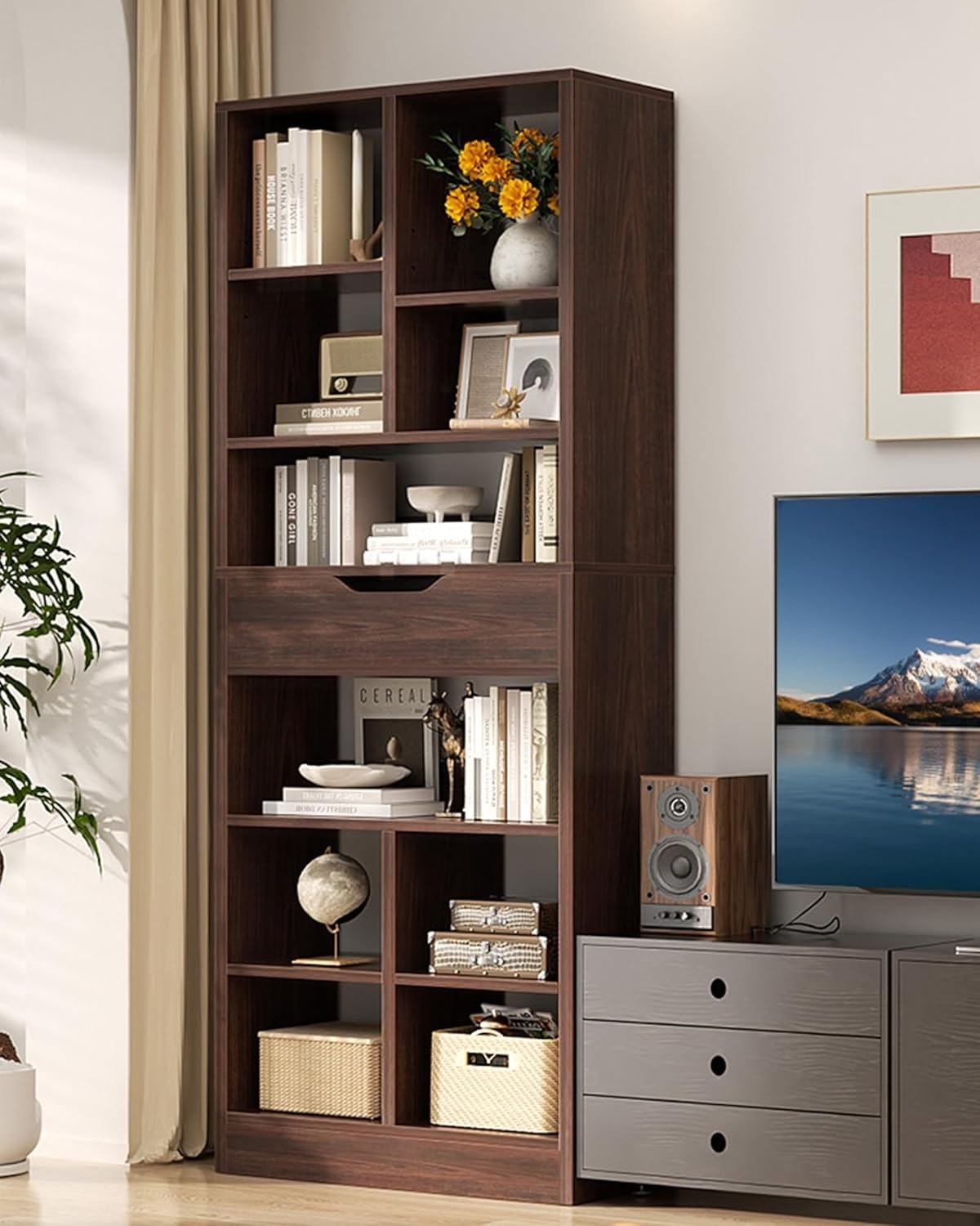 Armocity 8-Tier Tall Bookshelf with Drawer, 73.6" Black Walnut