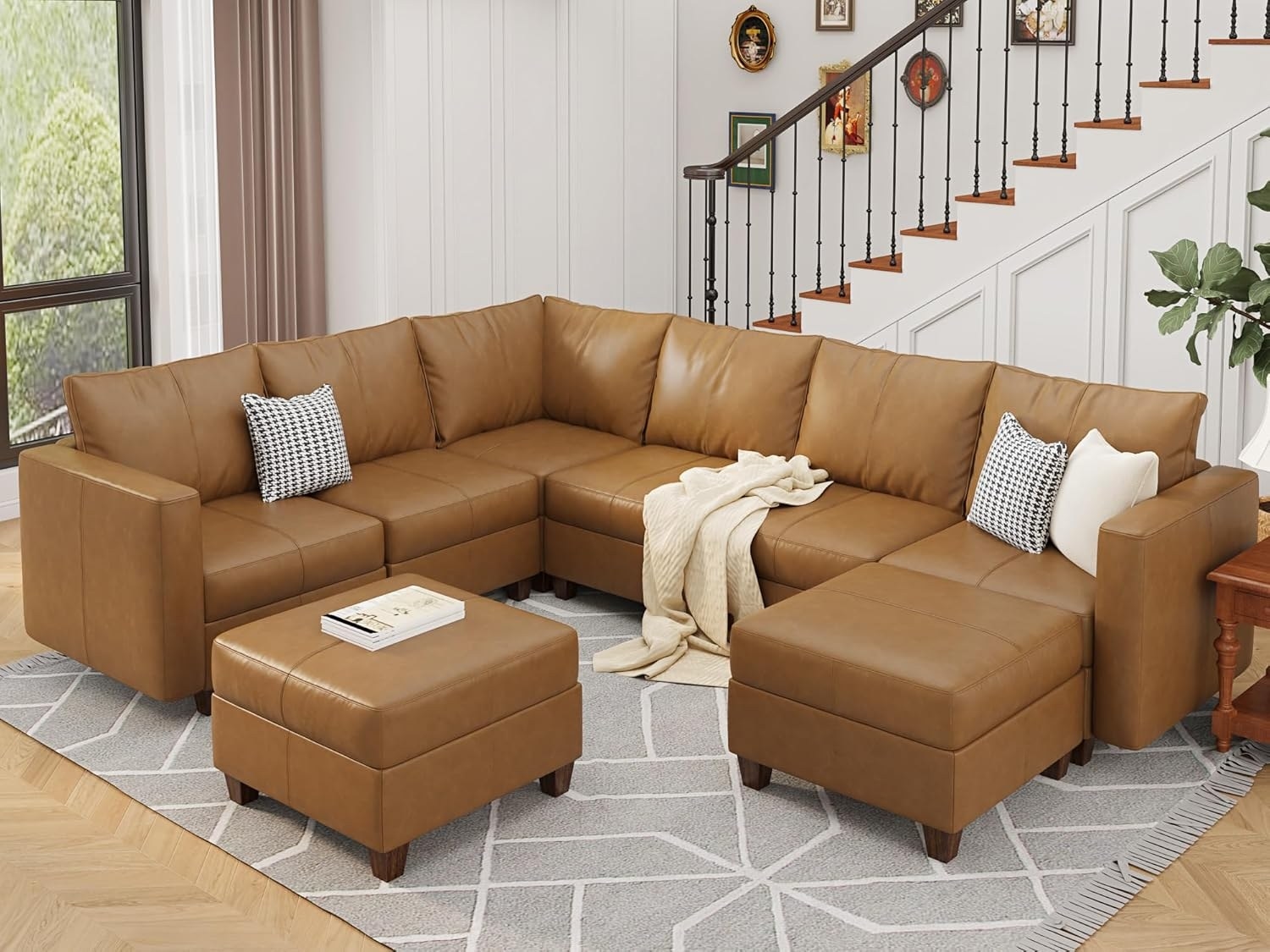 EASE MOOSE Faux Leather Modular Sectional with Storage Ottomans