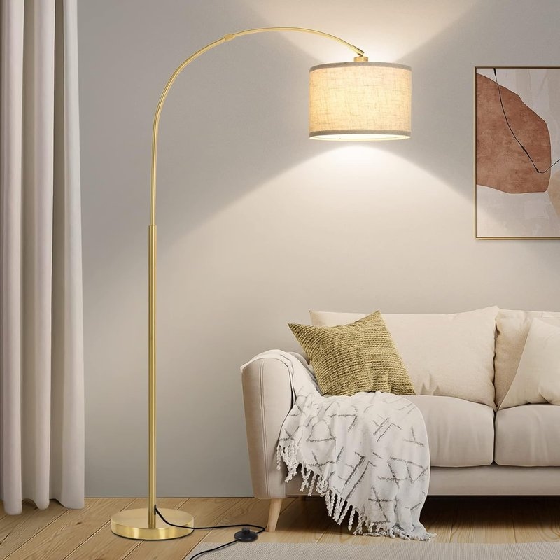 Adjustable Arc Floor Lamp with Linen Shade, Gold Base