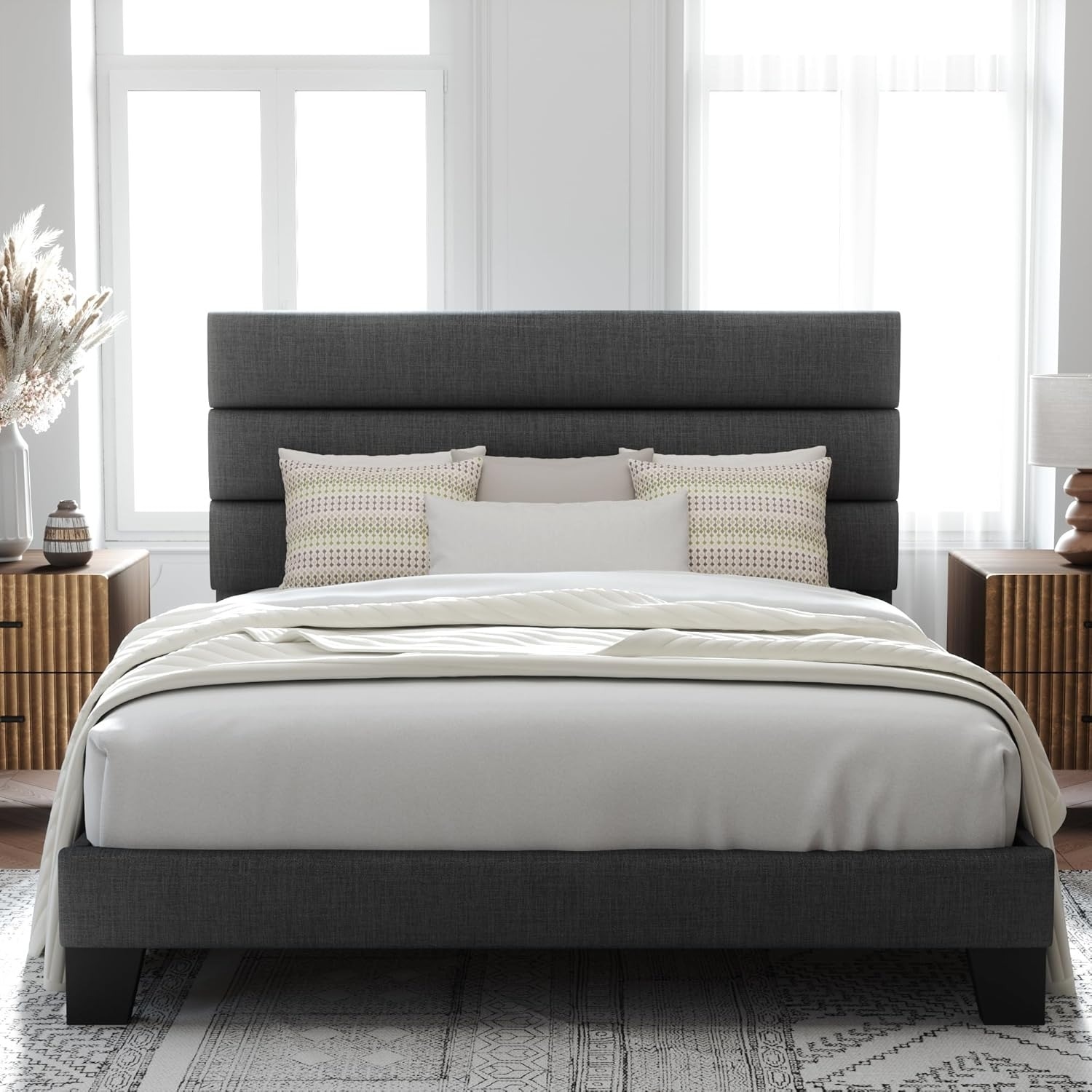 Allewie Queen Platform Bed with Upholstered Headboard, Dark Grey