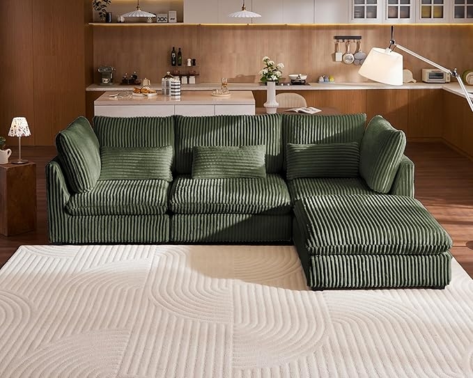 115" Oversized Corduroy Cloud Modular Sectional Sofa with Ottoman, Fully Washable Removable Cover, 4 Seater L-Shaped, Plush Corduroy