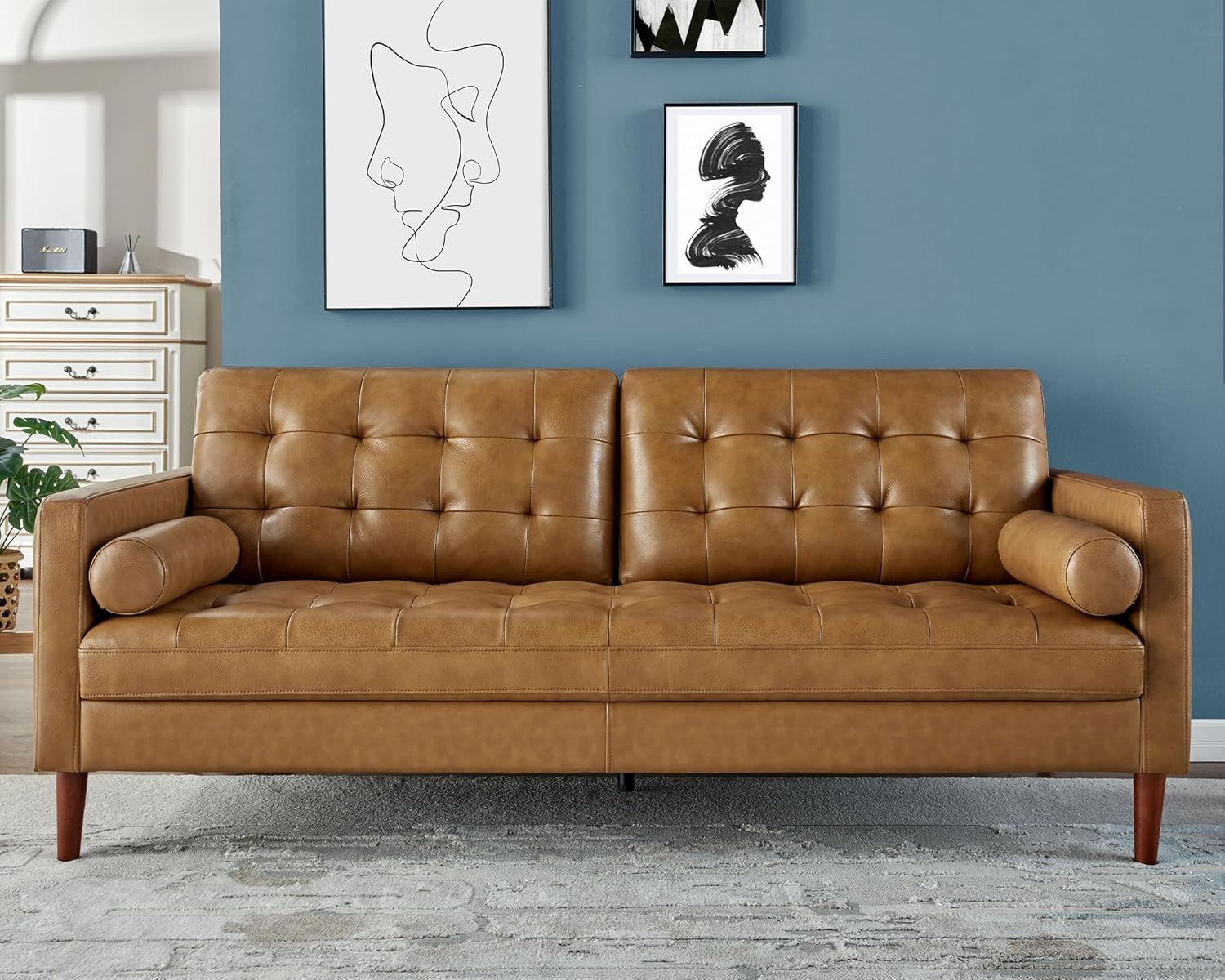 AMERLIFE Mid-Century Modern Genuine Leather Sofa