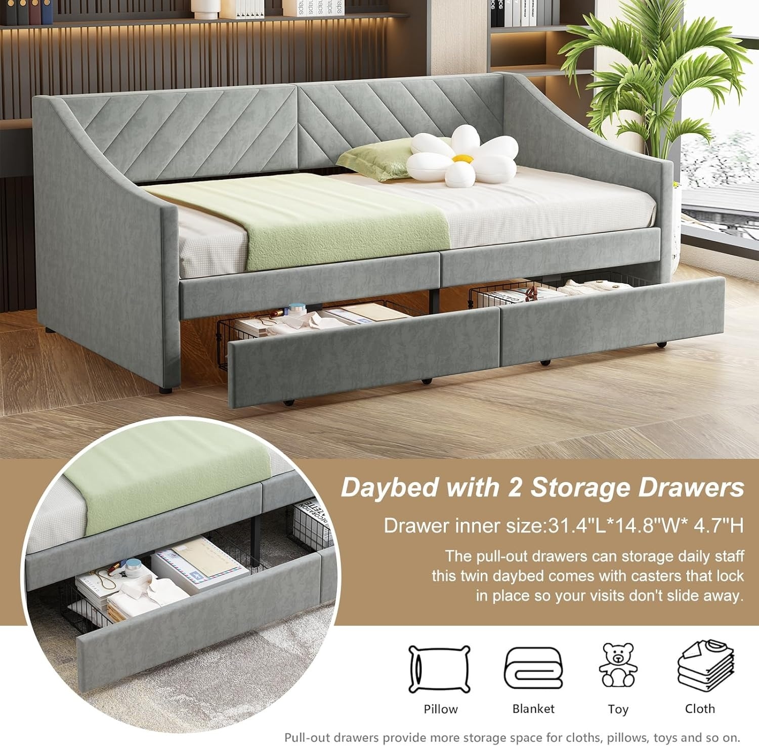 Arhomefurni Twin Daybed with Upholstered Headboard and Two Storage Drawers, Grey