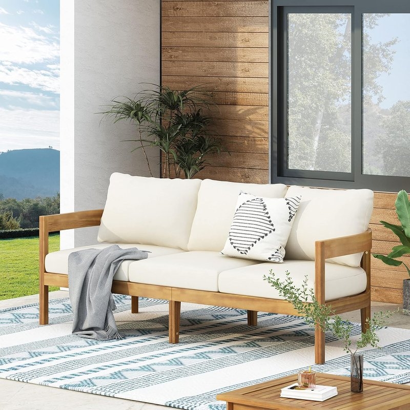 Brooklyn Outdoor 3-Seater Sofa with Cushions, Acacia Wood, Teak/Beige