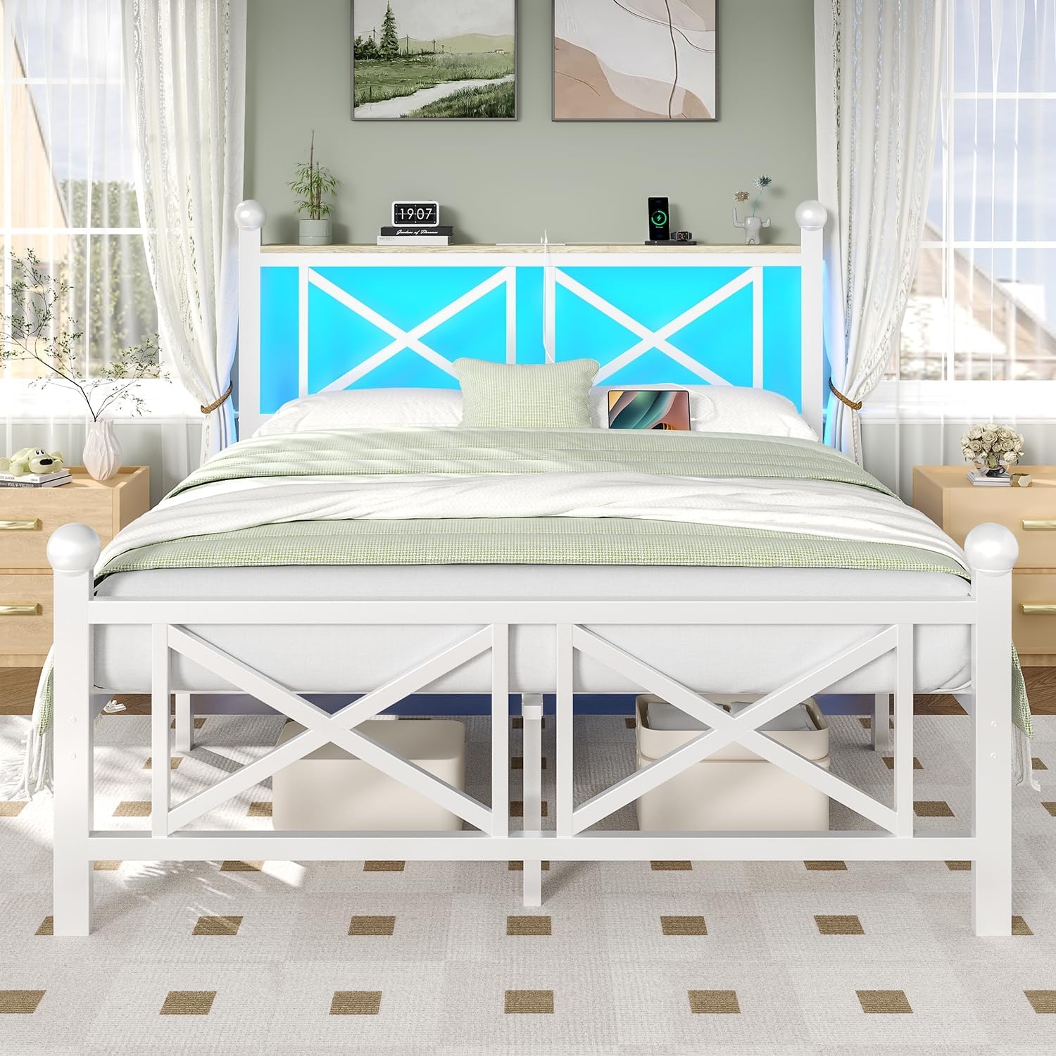 DynJest Queen White Bed Frame with Headboard & Footboard, Storage Shelf with LED Lights