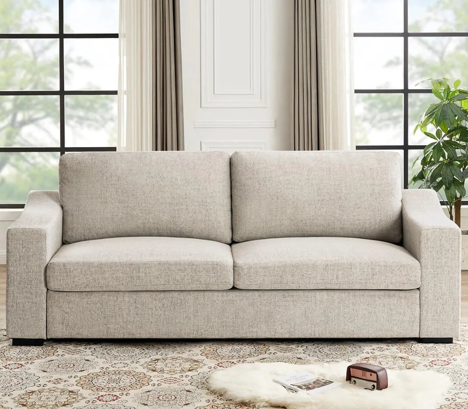 ELUCHANG 85" Deep Seat Sofa, Natural Linen, Detachable Cover