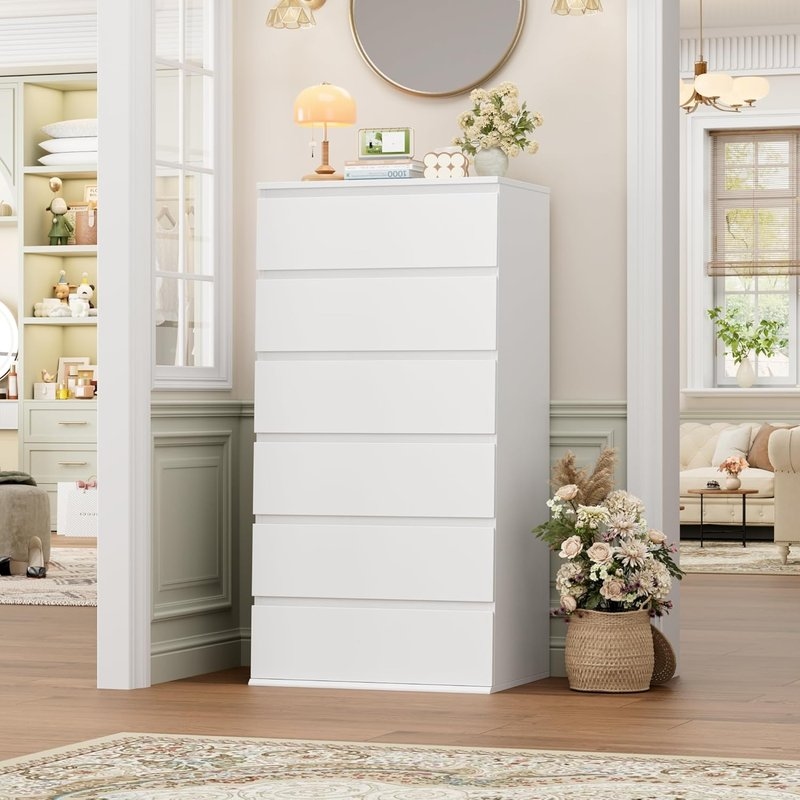 FOTOSOK White 6-Drawer Dresser, Handleless Tall Vertical Storage Cabinet