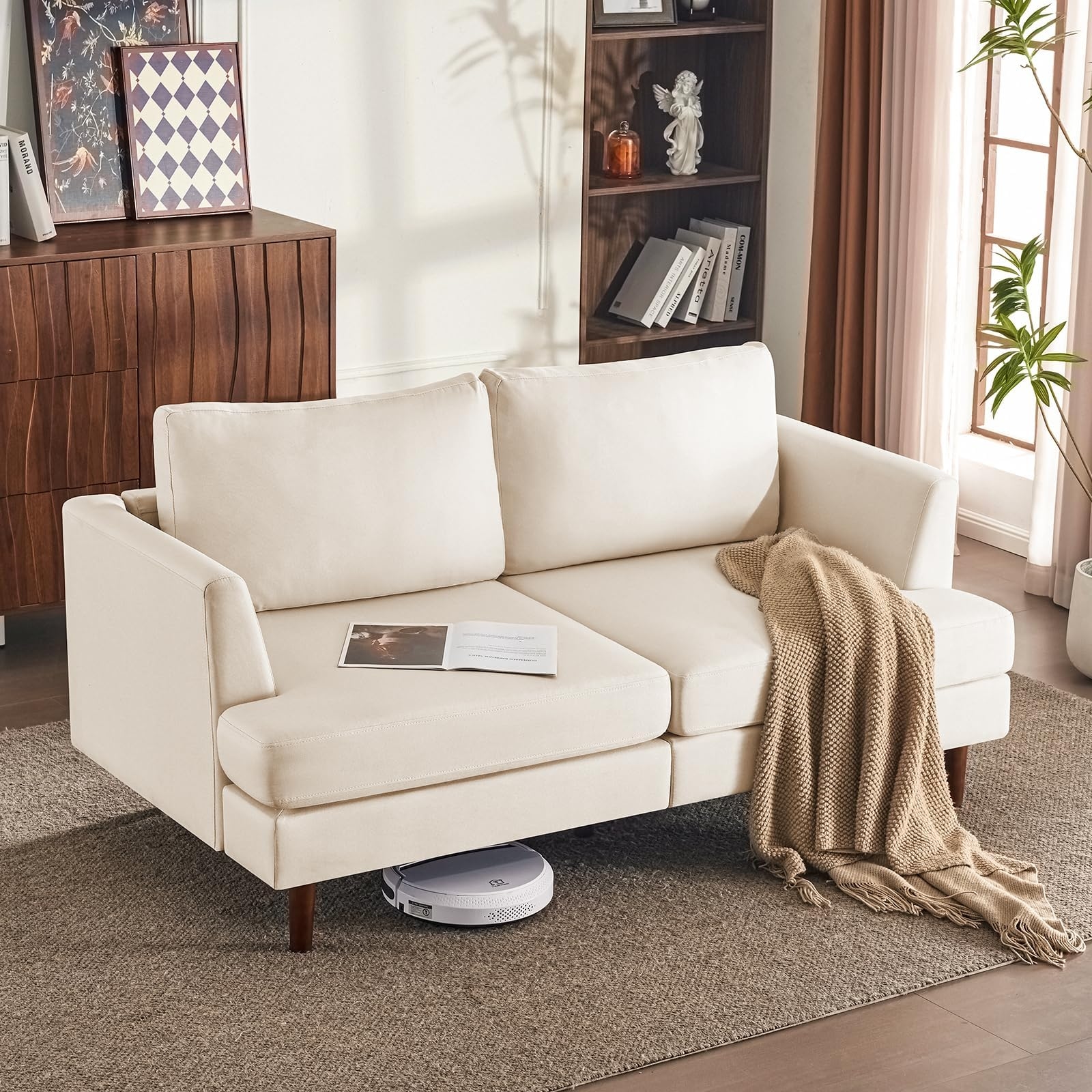 Furnimart 85" Deep Seat 3-Seater Sofa, Modern Beige Linen, Removable Cover