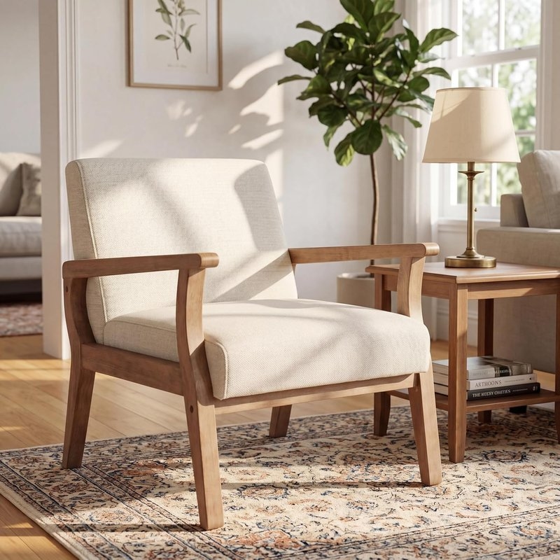 HNY Mid-Century Modern Linen Accent Armchair, Solid Wood Frame, Beige