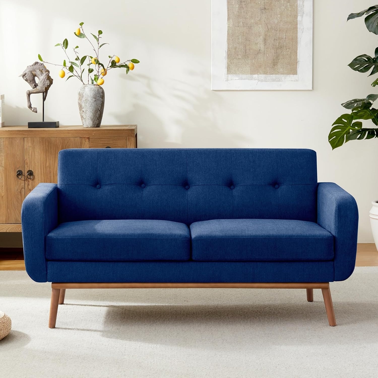 HUIMO 60" Mid Century Modern Button Tufted Sofa, Dark Blue