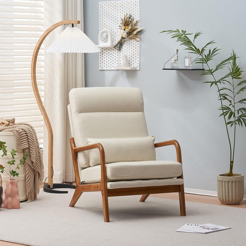 Karl Home Mid-Century Accent Chair, High Back Linen Upholstered, Solid Wood Frame, Beige