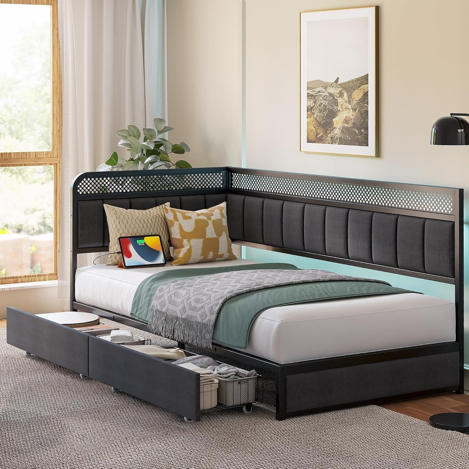 LIKIMIO Twin XL Daybed with Storage Drawers, LED Lights and Upholstered Guardrail, Gray