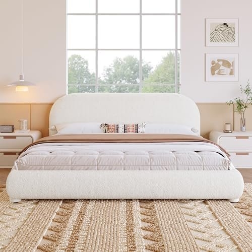 Merax Queen Boucle Upholstered Platform Bed, Curved Headboard, Cream