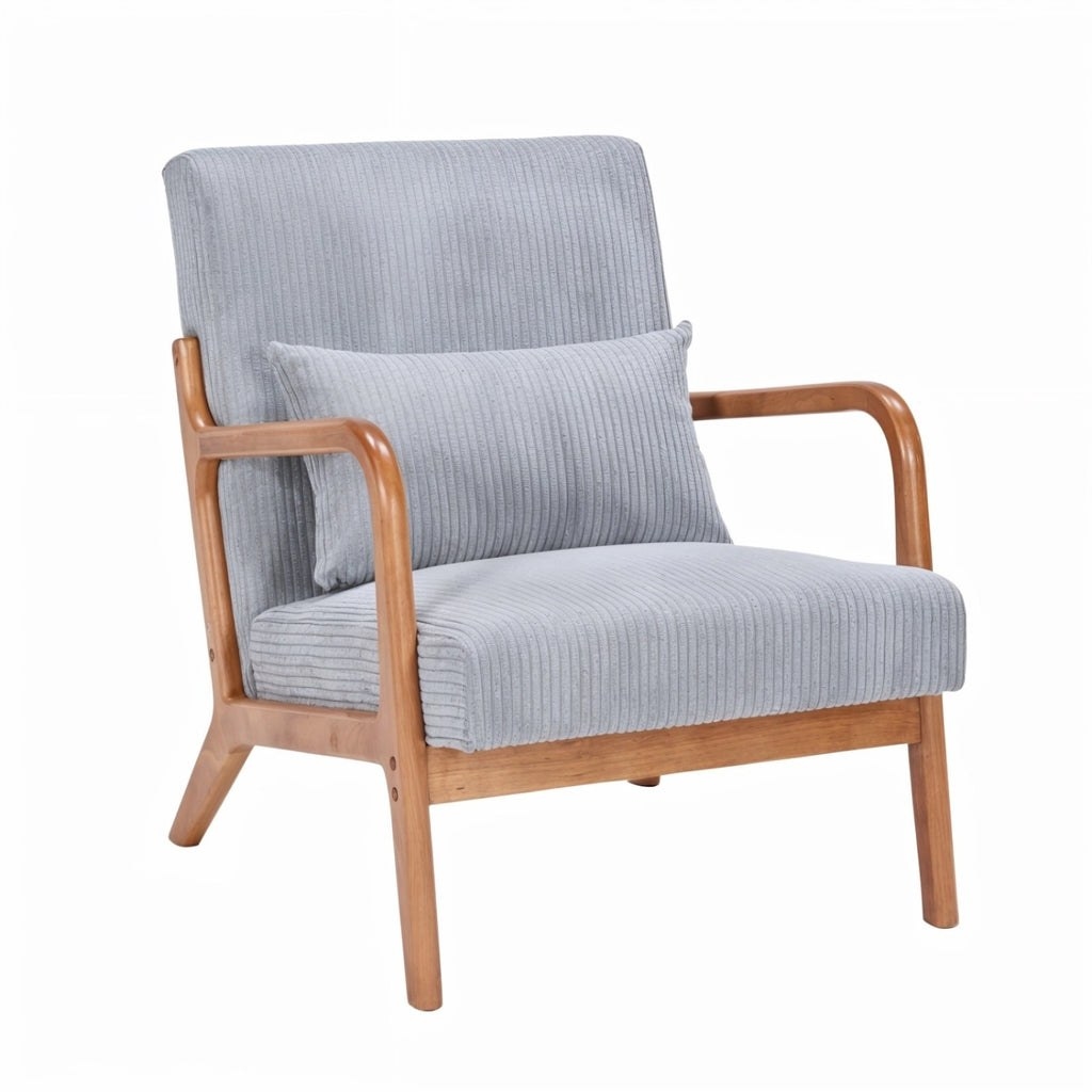 Mid Century Modern Accent Chair, Upholstered Corduroy Armchair with Lumbar Pillow, Solid Rubberwood Frame for Living Room, Bedroom