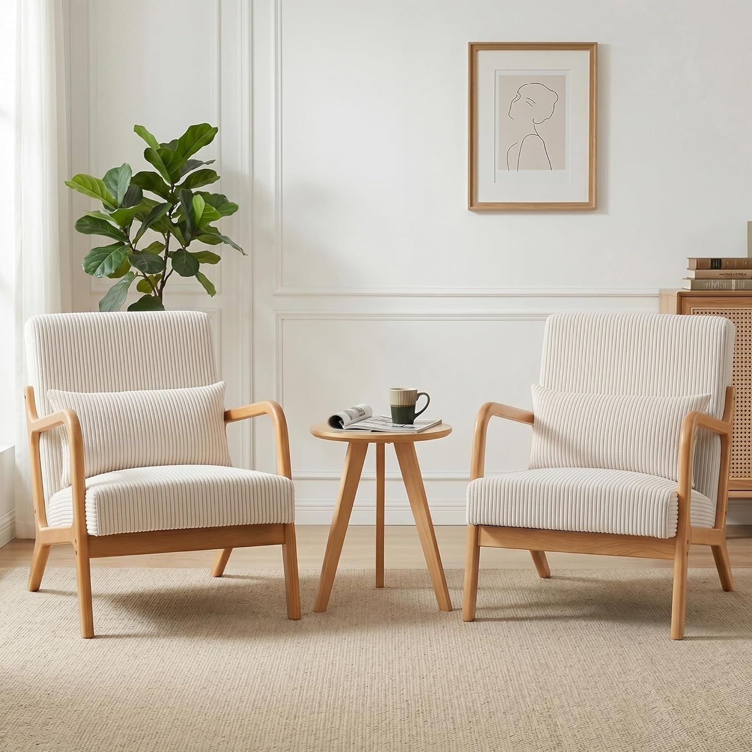 Mid Century Modern Accent Chairs Set of 2, Upholstered Corduroy Armchairs with Lumbar Pillows, Solid Rubberwood Frame for Living Room, Bedroom