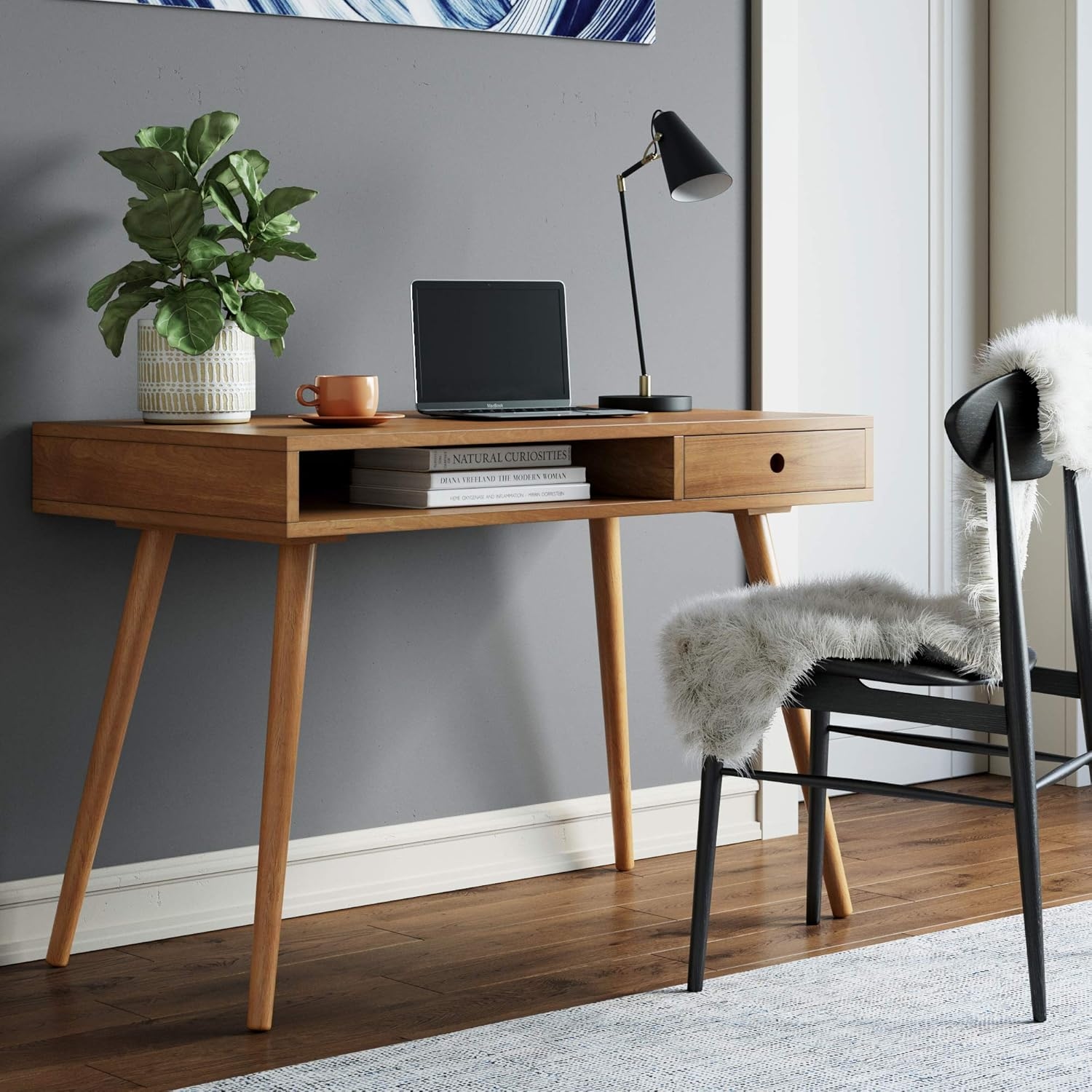 Nathan James Parker Modern Home Office Writing Desk, Mid-Century Walnut Wood with Drawer