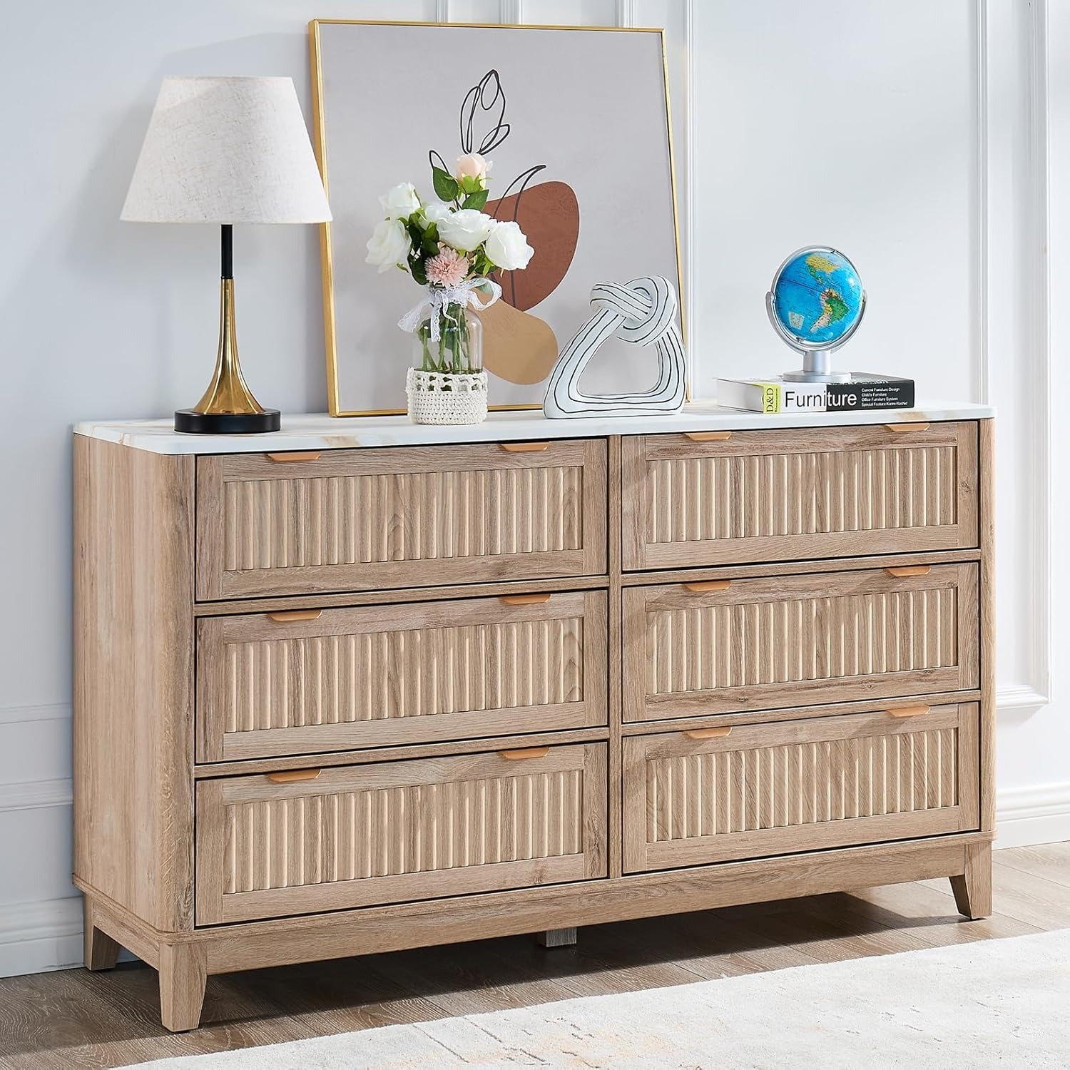 54" Natural Oak 6-Drawer Dresser with Faux Marble Top, Modern Fluted