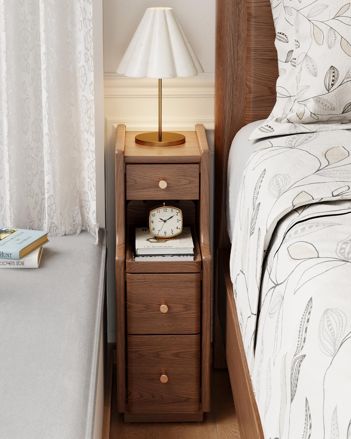 Narrow Solid Wood Walnut Nightstand