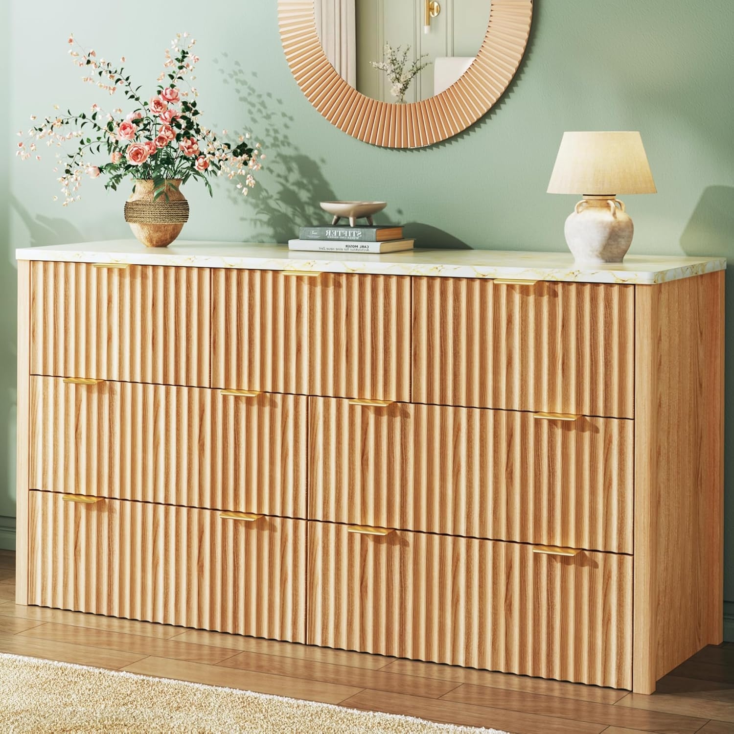 HUAHUU Fluted Dresser with Faux Marble Top