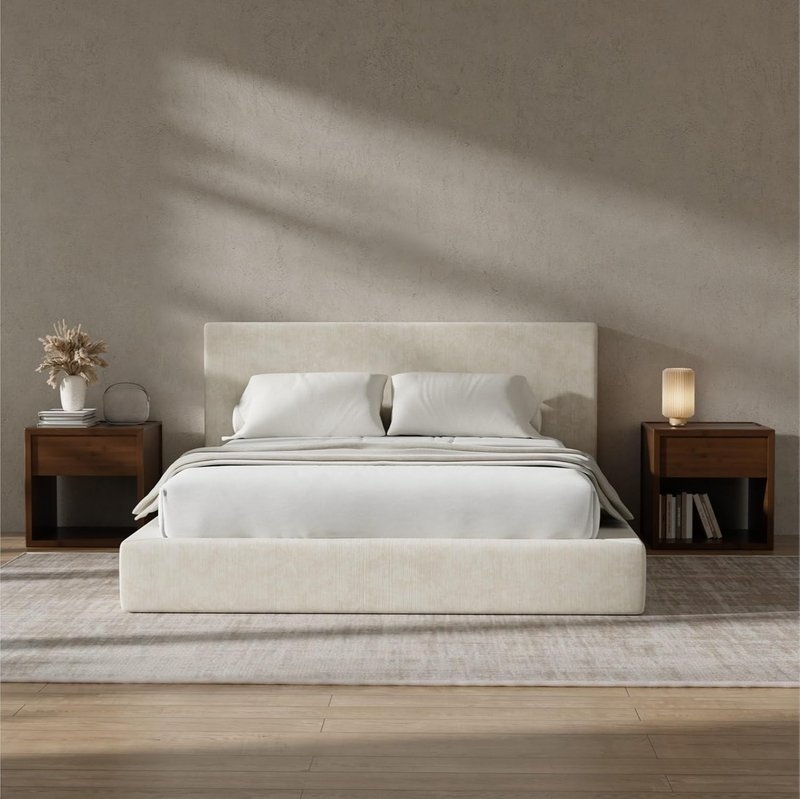 RECCI Chenille Upholstered Platform Bed with Curved Headboard