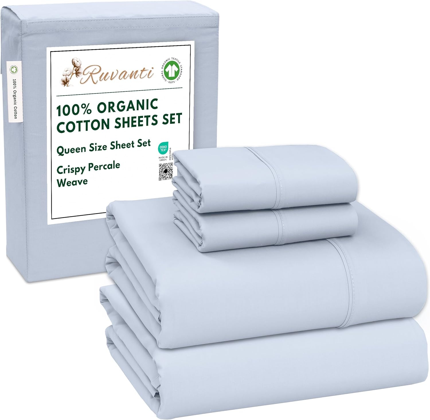 RUVANTI 100% Organic Cotton Percale Sheets Queen Size, Percale Weave, GOTS Certified, Crisp & Cool