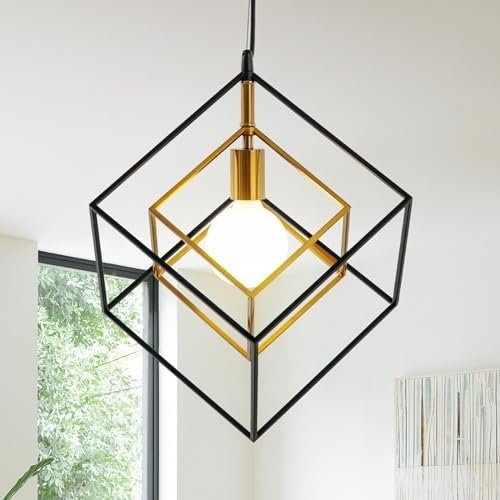 SHANSRUI Geometric Pendant Light, Black + Brass, Industrial, E26