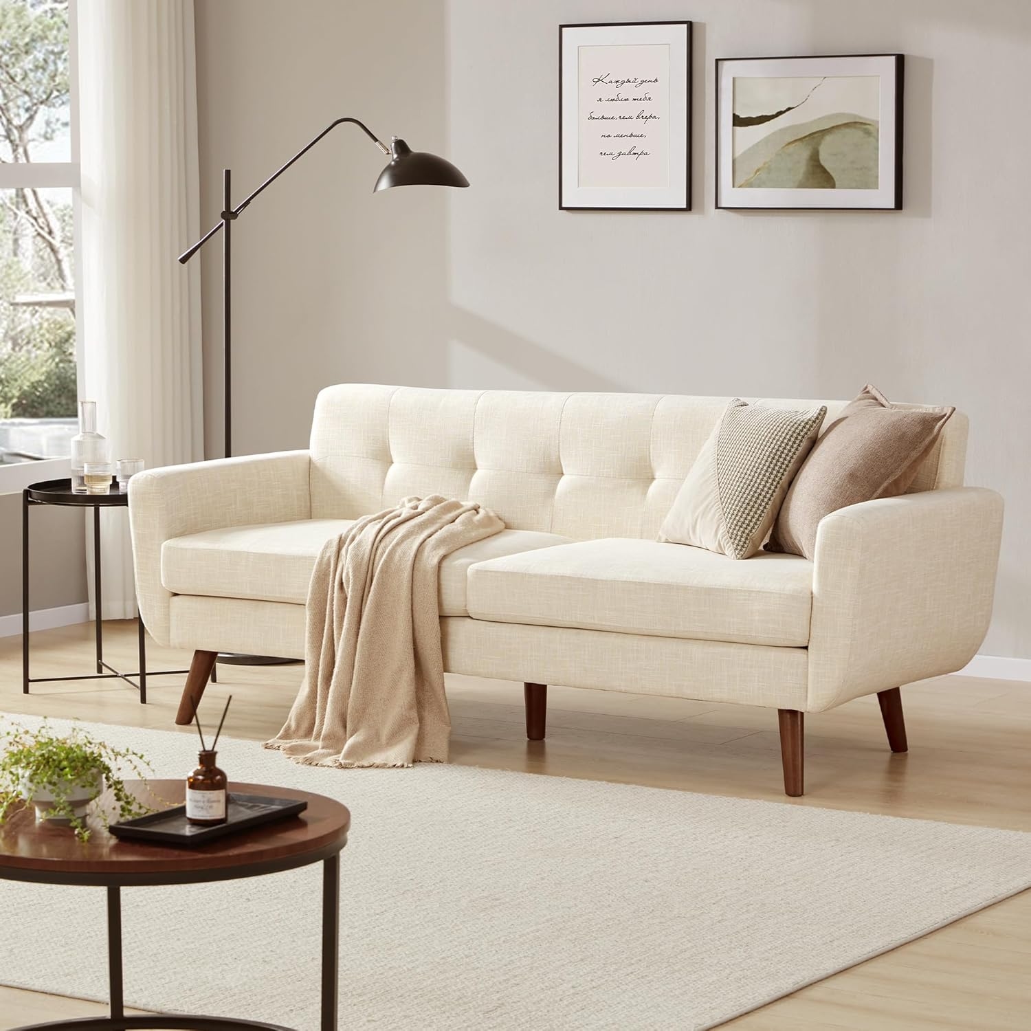 Tbfit 77.2" Linen Sofa Couch, Mid Century Modern Loveseat, Beige