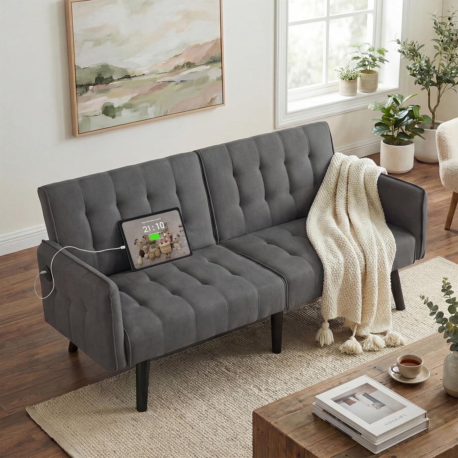 TYBOATLE 65" Tufted Convertible Futon Sofa Bed, Mid Century, Dark Grey
