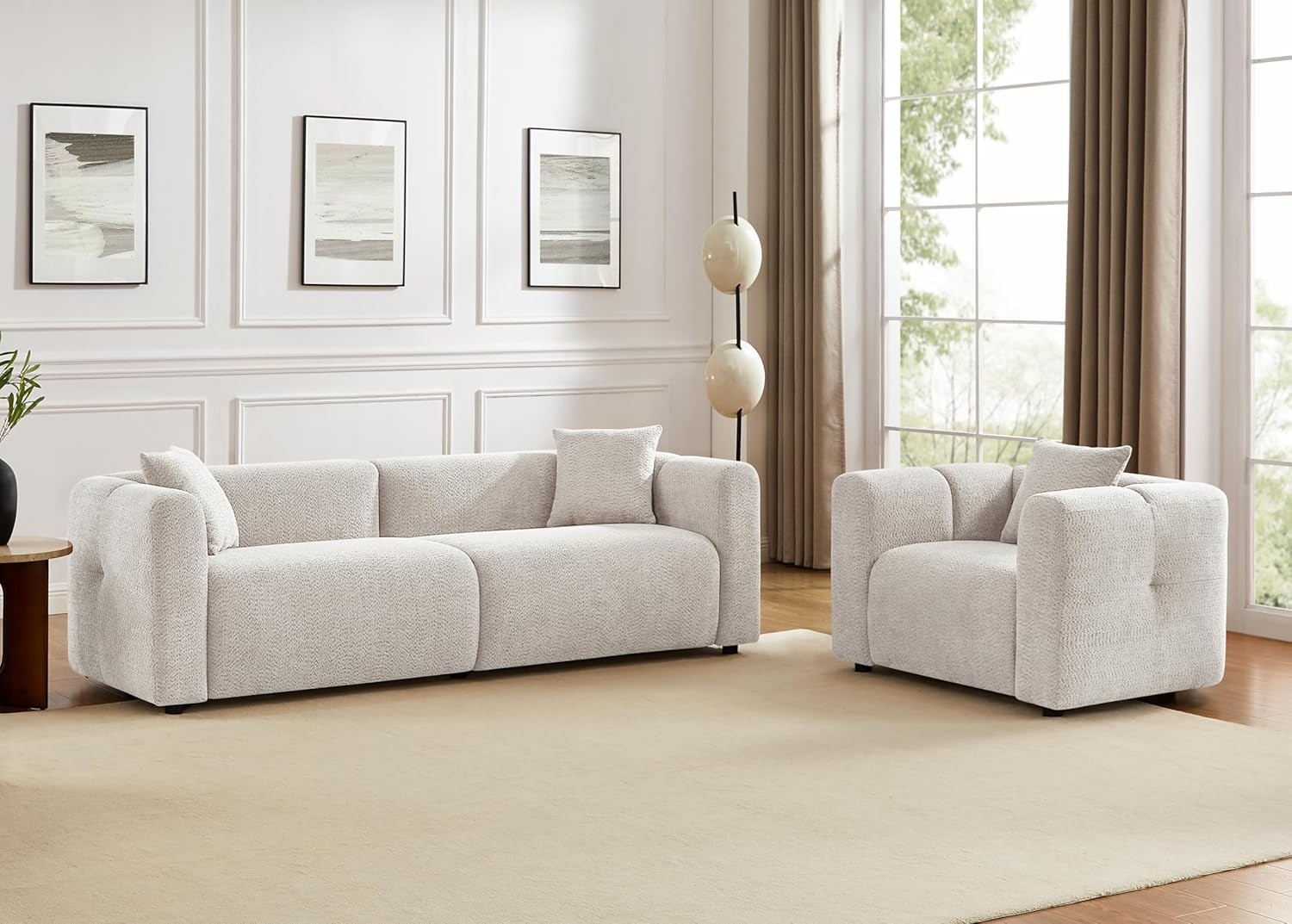 VANOMi 95" Boucle Oversized Sofa with Pillows, Light Khaki