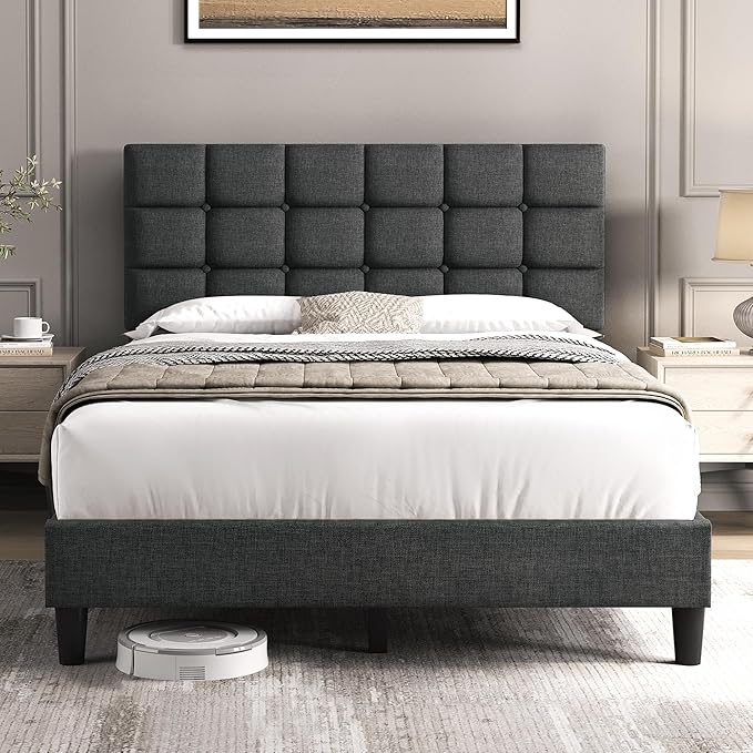 Yaheetech Upholstered Platform Bed Frame (Full, Dark Gray)