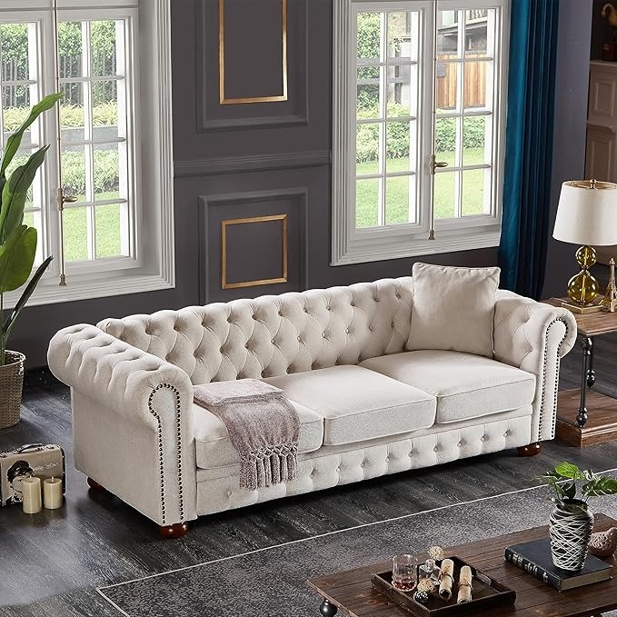 Chesterfield Roll Arm Sofa Linen 89"