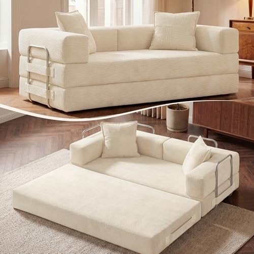 GRUSIGN 78" 5-in-1 Convertible Futon Sofa Bed, Corduroy Beige