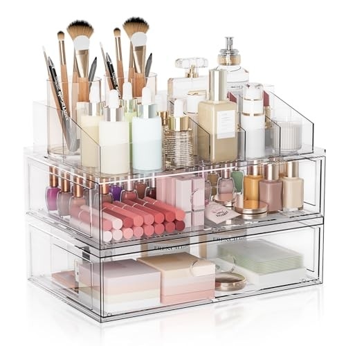 Clear Stackable Makeup Organizer with Drawer, 12''W Acrylic Storage Drawers