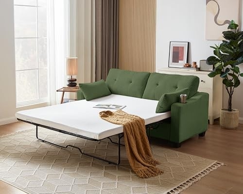 CHIC HOUSE Queen Pull-Out Sleeper Sofa Bed, Green Corduroy