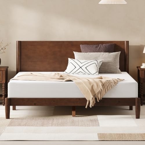 AMERLIFE Solid Wood Queen Bed Frame with Panel Headboard, Walnut