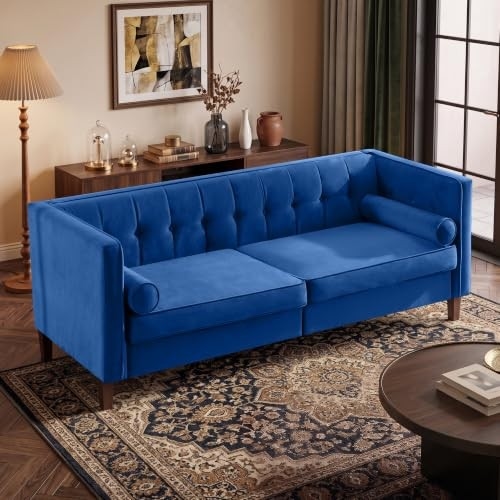 78" Button-Tufted Velvet Sofa, 3-Seater with Bolster Pillows