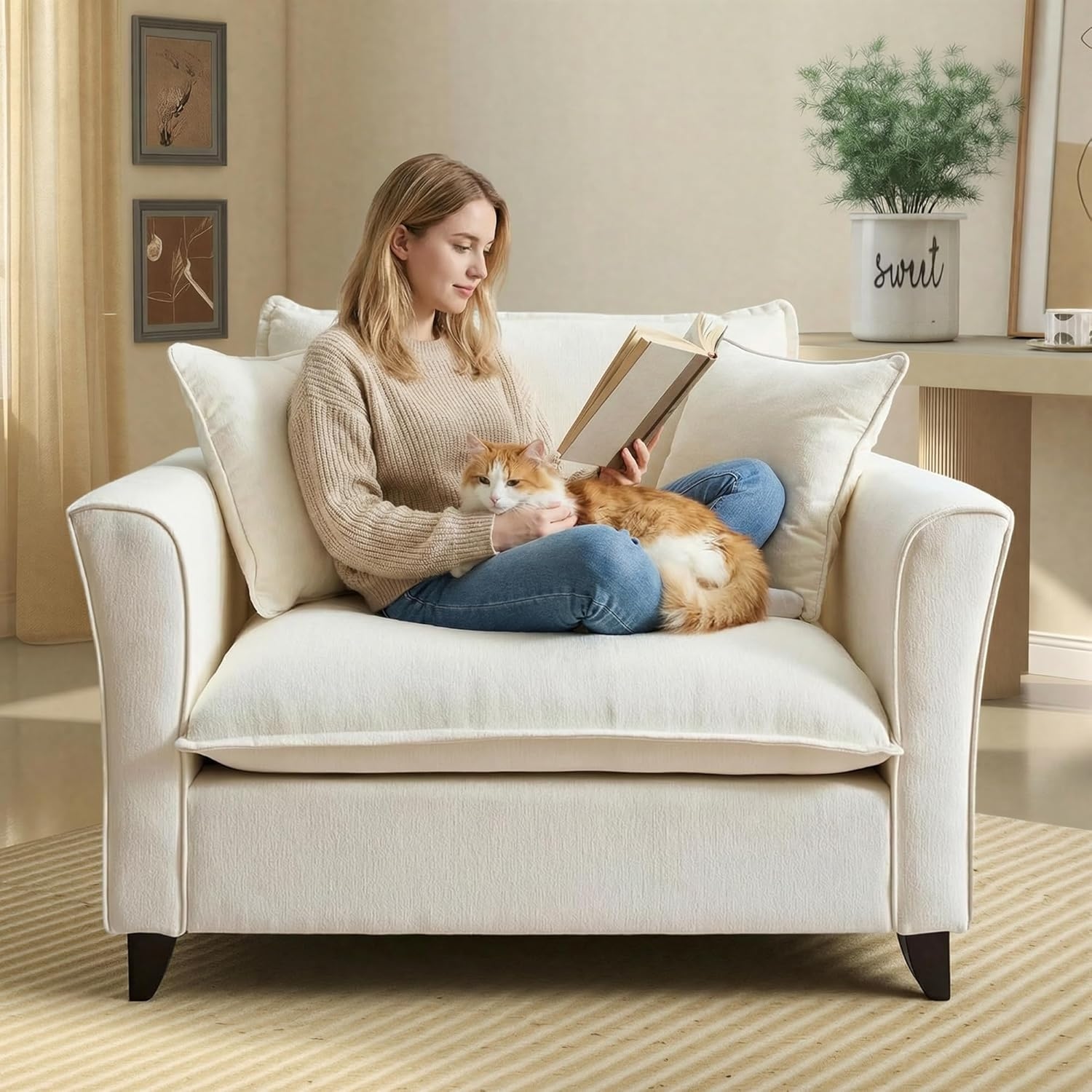 46.9" Chenille Wide-Seat Accent Chair with Wood Legs
