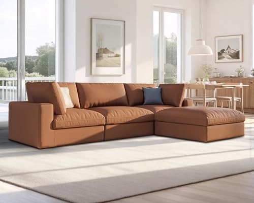 AMERLIFE 114 Inches Modular Sectional Couch, Feather Down Filled Sectional Sofa, 4 Seats L Shaped Couch with Chaise, Ottoman, Oversized Sofa for Living Roomt Apartment, Brown Anti-