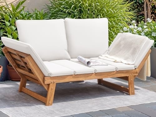 Devoko Acacia Wood Outdoor Sofa with Removable Cushions, White