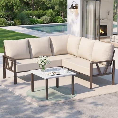 COMLAX FIELD 6-Piece Metal Outdoor Sectional Sofa with 6-Inch Cushions, Beige