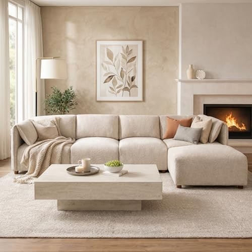 Merax 126" 4 Seater Boucle Modular Sectional Sofa with Ottoman, Soft Upholstery Corner Chair Sofa Couch with Padded Cushion & Rounded Edges & Solid Wood Frame for Living Room Bedro