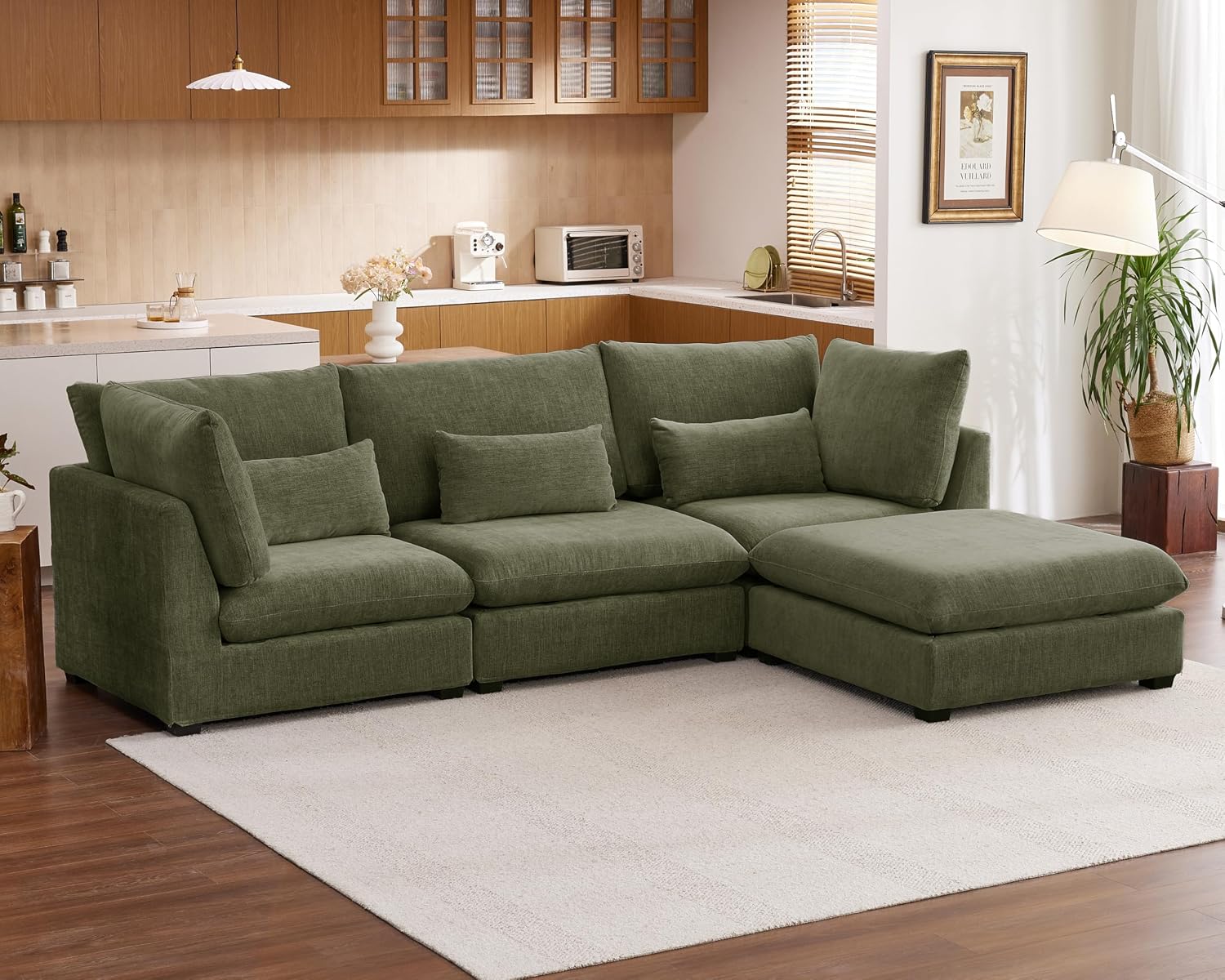 115" Chenille Modular Sectional with Ottoman, Washable Covers