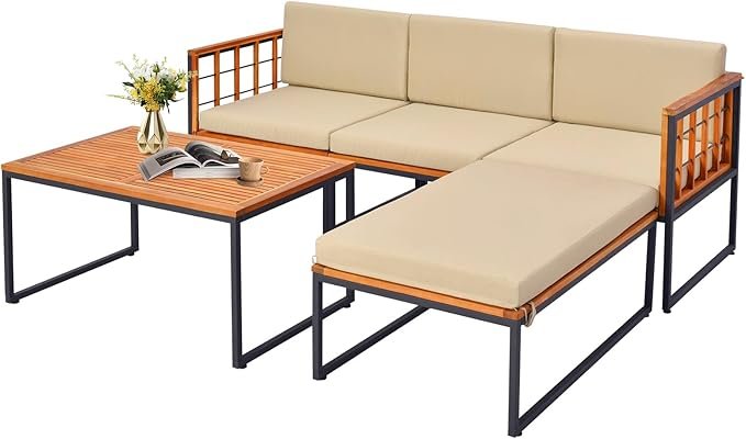 Tangkula 5-Piece Acacia Wood Patio Sectional Set