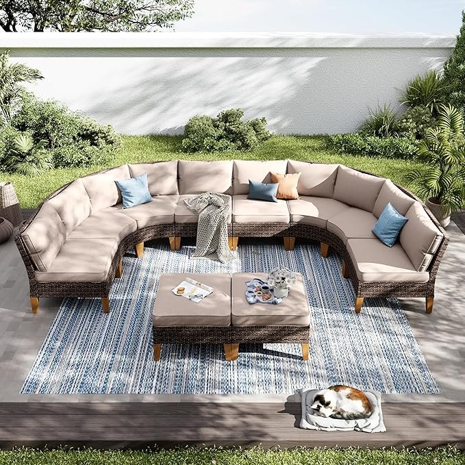 PHI VILLA 8-Piece Half-Moon Wicker Outdoor Sectional Sofa Set