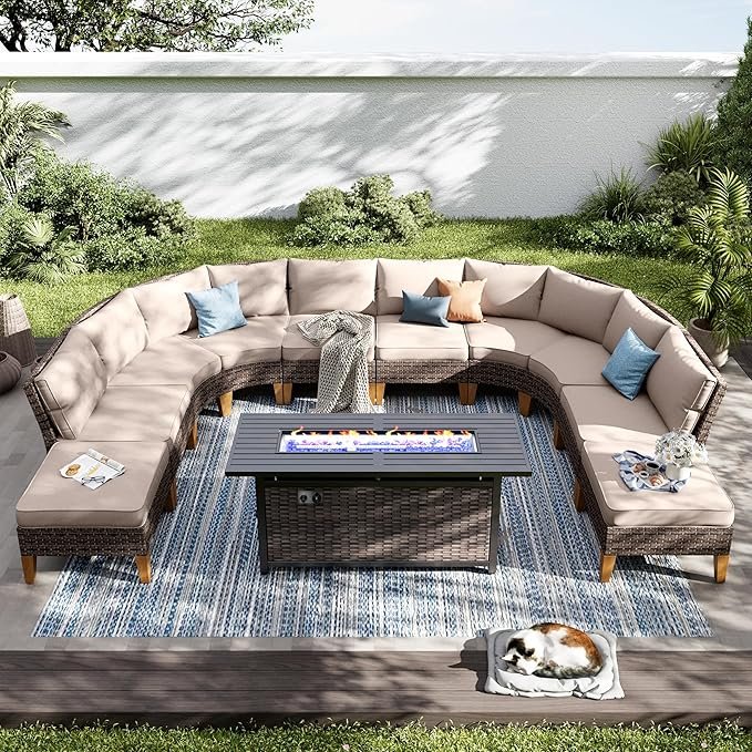 PHI VILLA 9-Piece Half Moon Patio Set with Fire Pit Table and Thick Beige Cushions